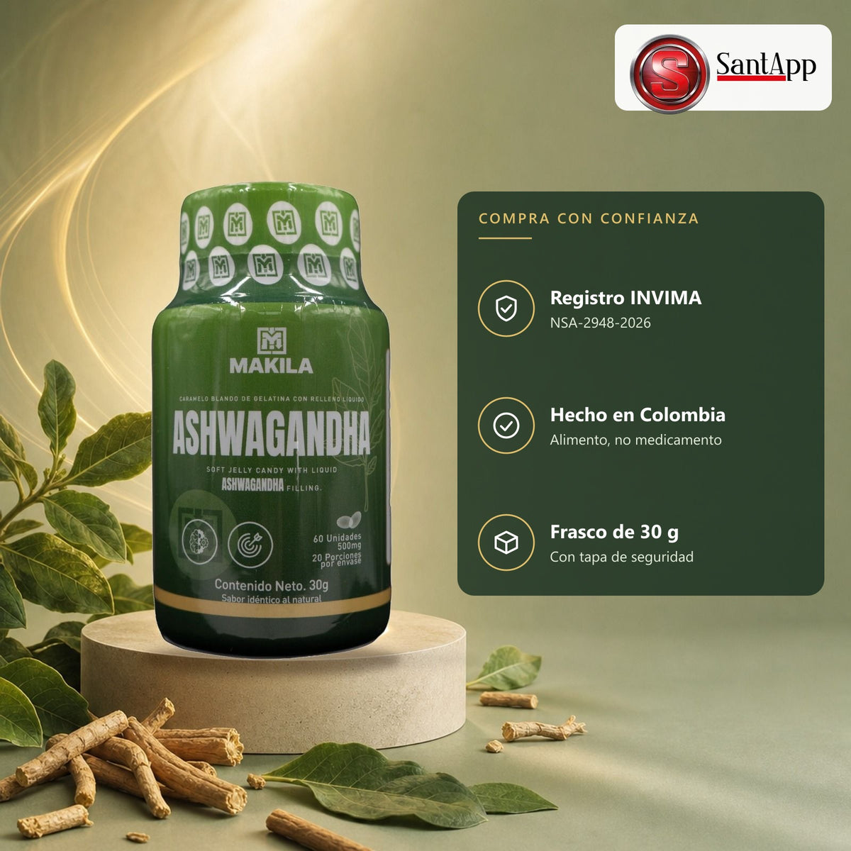 Ashwagandha Makila con registro INVIMA NSA-2948-2026, hecha en Colombia