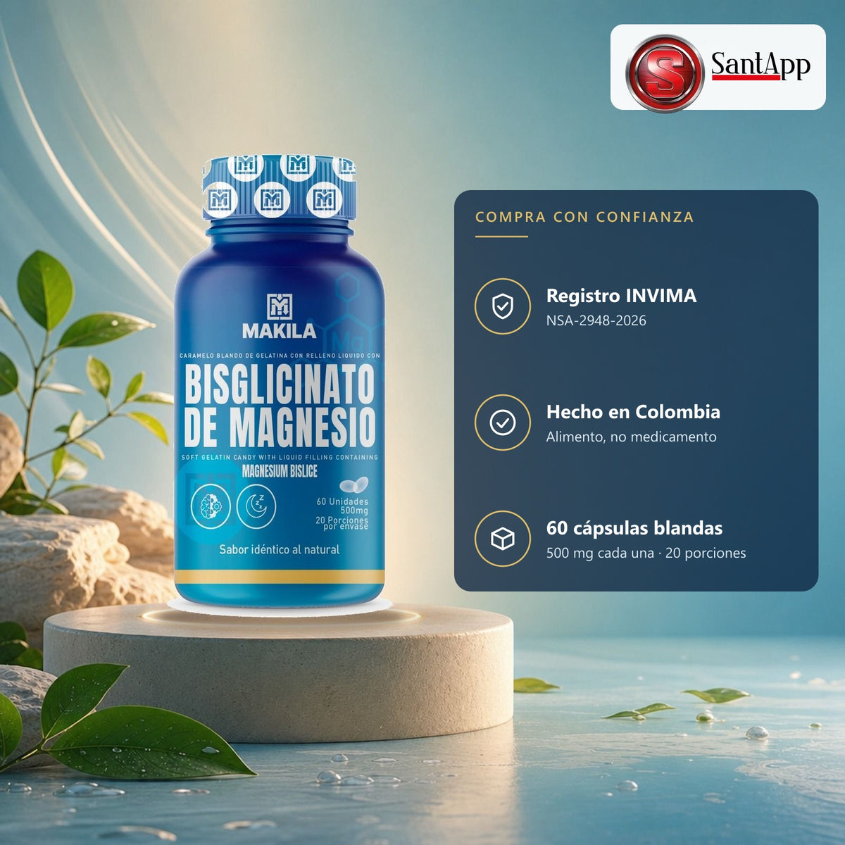 Bisglicinato de magnesio Makila con registro INVIMA NSA-2948-2026, hecho en Colombia