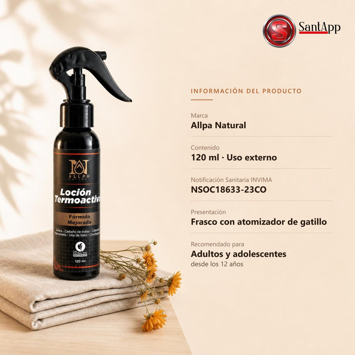Información de la Loción Termoactiva: marca Allpa Natural, 120 ml y notificación sanitaria INVIMA NSOC18633-23CO
