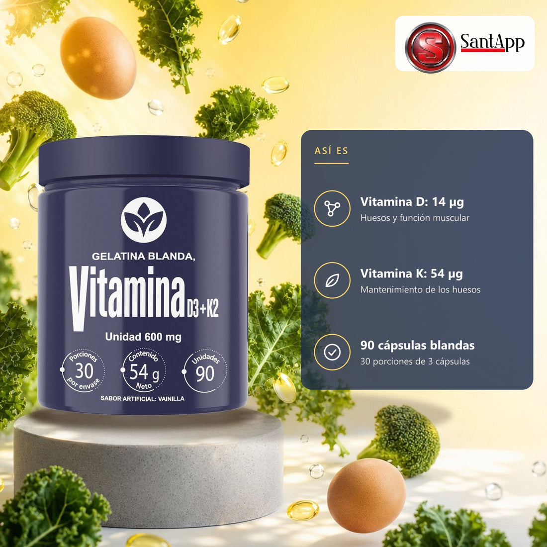 Vitamina D3 + K2 Vitalcom: 14 µg de vitamina D y 54 µg de vitamina K