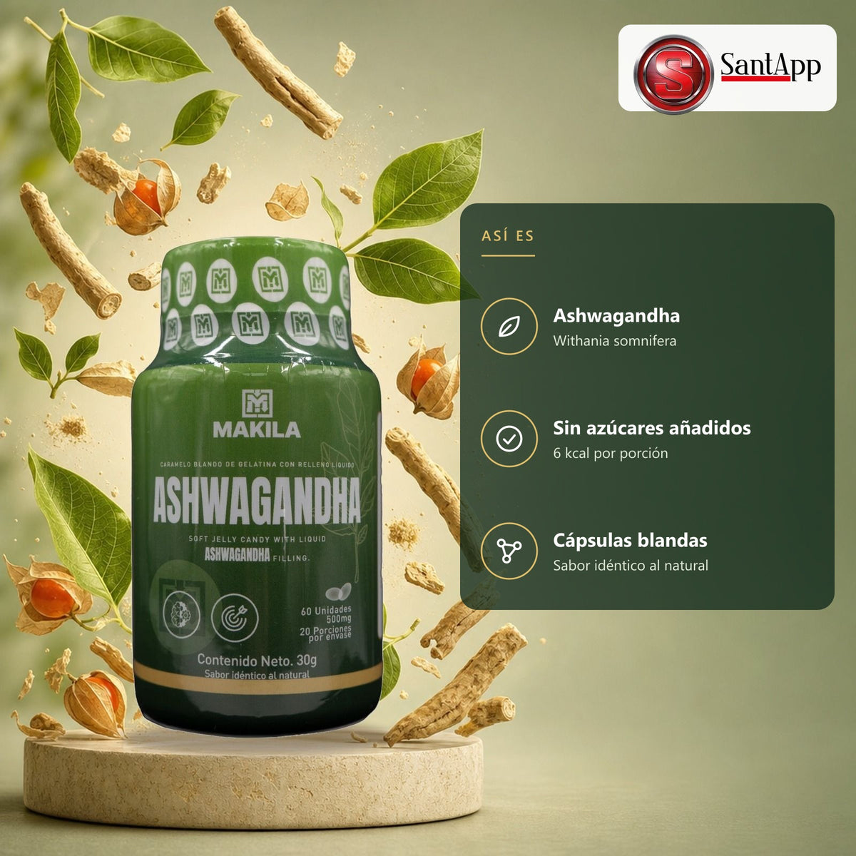 Ashwagandha Withania somnifera en cápsulas blandas sin azúcares añadidos