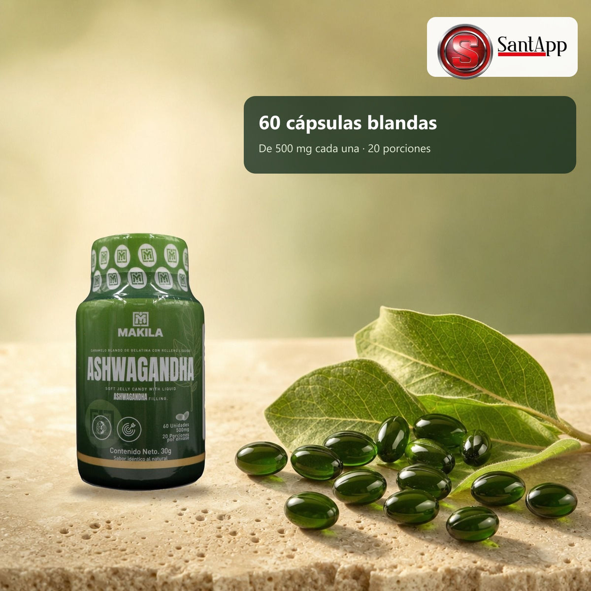 Cápsulas blandas de ashwagandha de 500 mg, 60 unidades