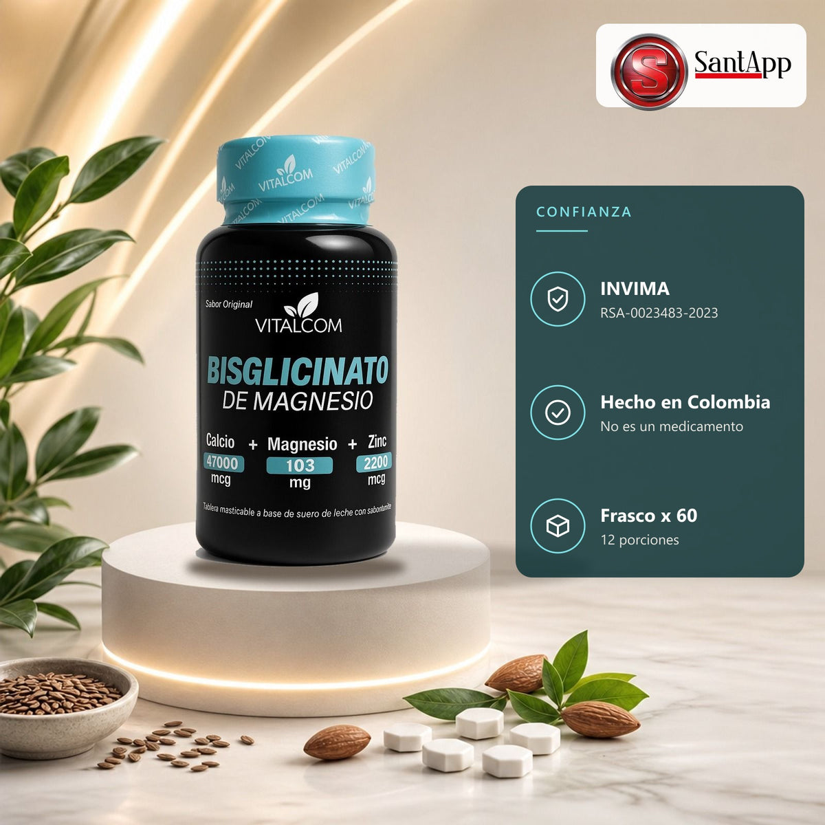 Bisglicinato de Magnesio GINS Vitalcom con registro INVIMA RSA-0023483-2023