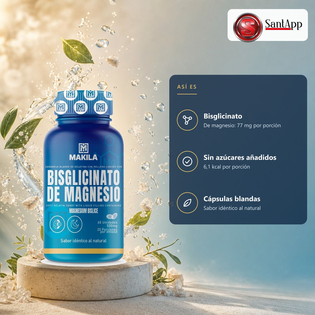 Bisglicinato de magnesio 77 mg por porción, sin azúcares añadidos