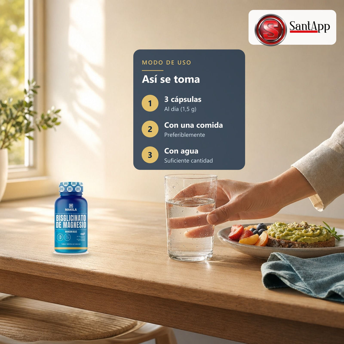Cómo tomar bisglicinato de magnesio: 3 cápsulas al día con una comida y agua