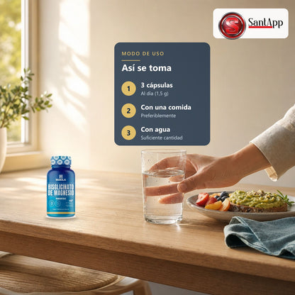 Cómo tomar bisglicinato de magnesio: 3 cápsulas al día con una comida y agua
