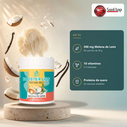 Booster Lion: 300 mg de Melena de León, 10 vitaminas, 5 minerales y proteína de suero