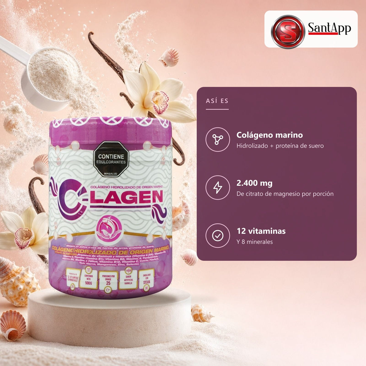 C-Lagen: colágeno marino, 2.400 mg de citrato de magnesio, 12 vitaminas y 8 minerales
