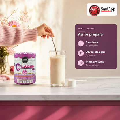Cómo preparar colágeno C-Lagen: 1 cuchara de 20 g en 200 ml de agua
