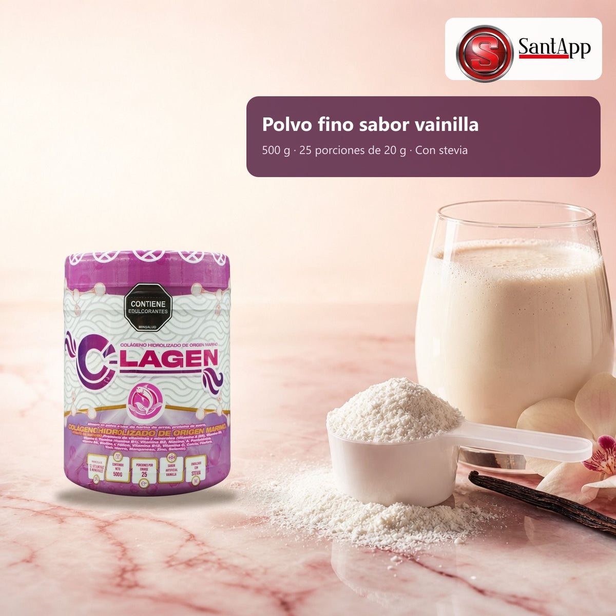Colágeno en polvo sabor vainilla, 500 g, 25 porciones