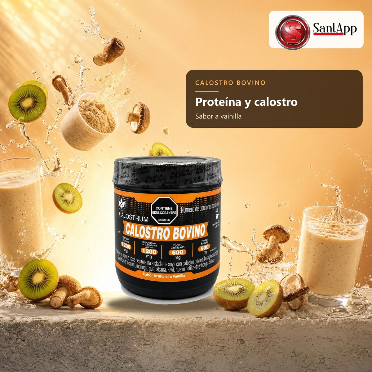 Alimento en polvo con calostro bovino, ganoderma y shiitake
