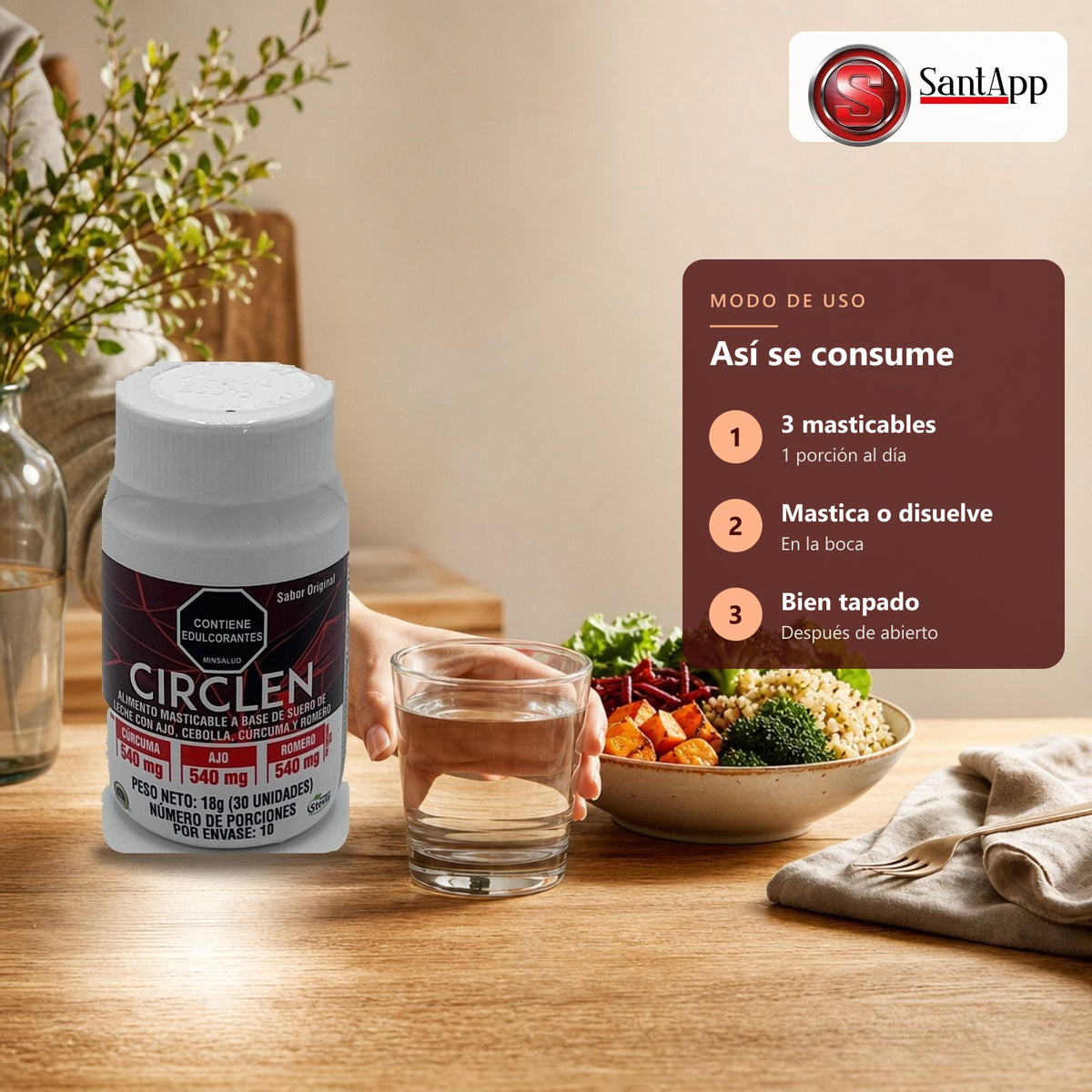 Cómo consumir Circlen: 3 masticables al día