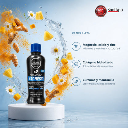 Ingredientes del citrato de magnesio: magnesio, calcio, zinc, colágeno hidrolizado, cúrcuma y manzanilla