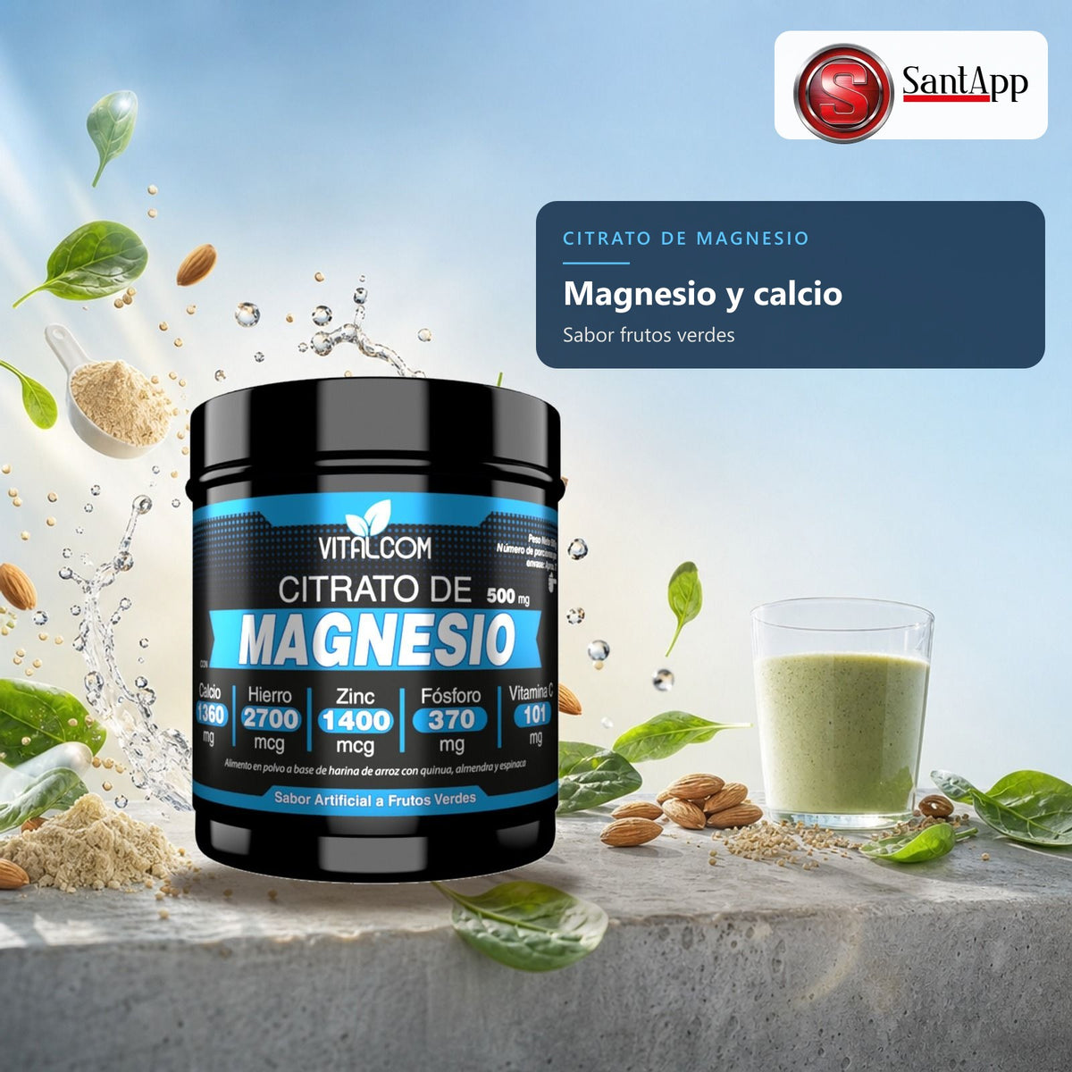 Citrato de magnesio en polvo con calcio, quinua y almendra