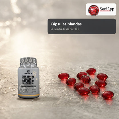 Cápsulas blandas de citrato de potasio y magnesio, 60 unidades de 500 mg