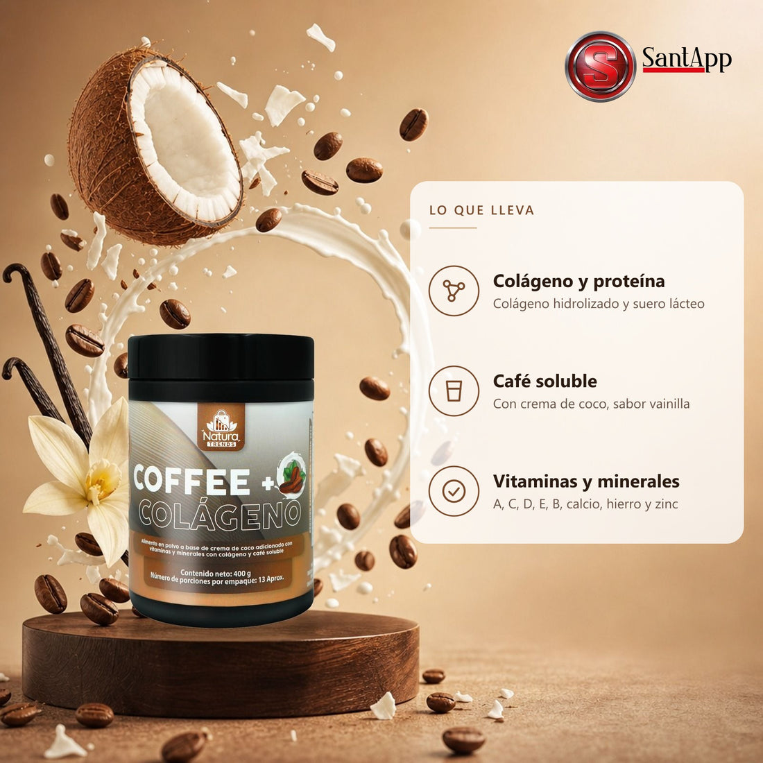 Ingredientes del café con colágeno: colágeno hidrolizado, proteína de suero, café soluble y crema de coco