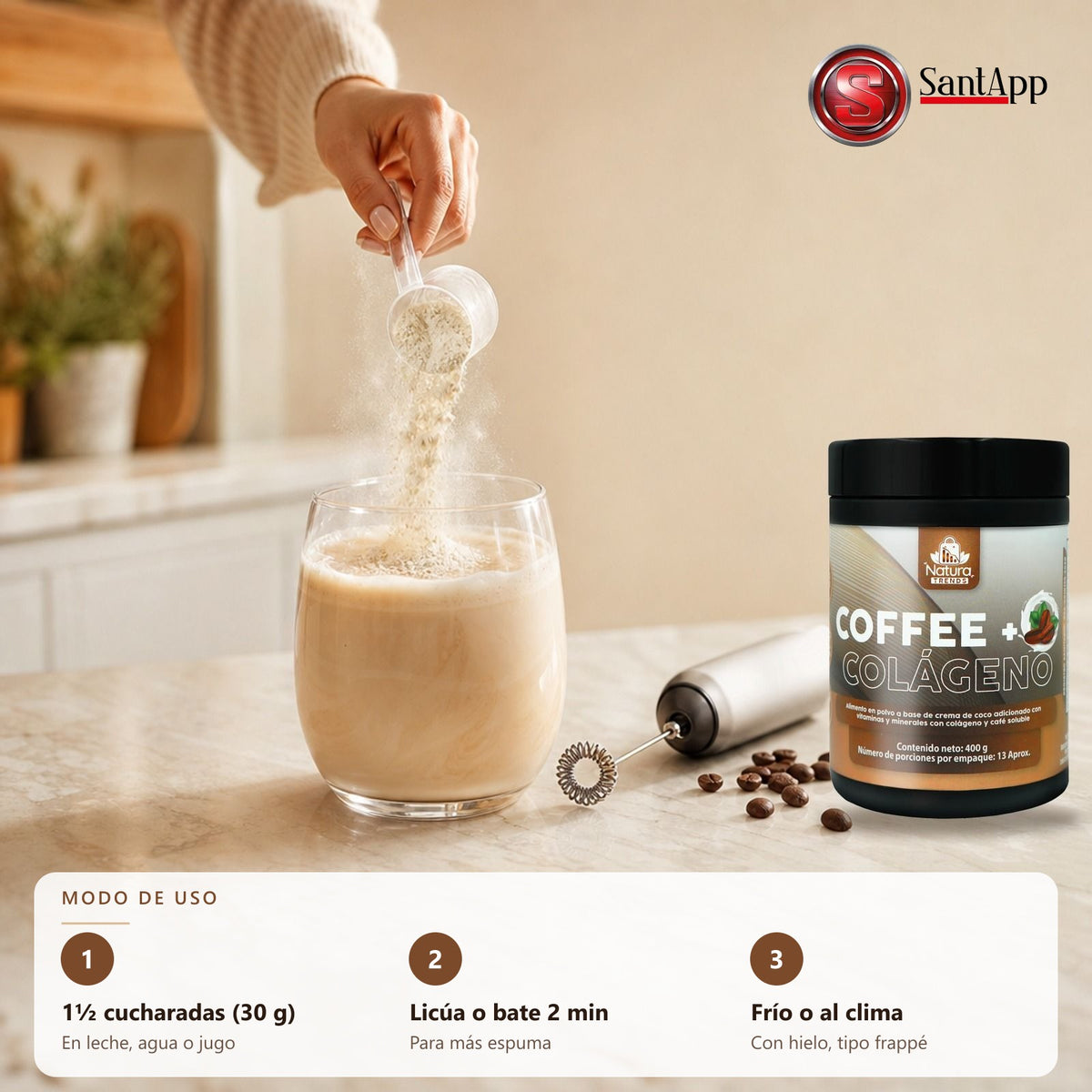 Cómo preparar café con colágeno: 1½ cucharadas en leche, agua o jugo