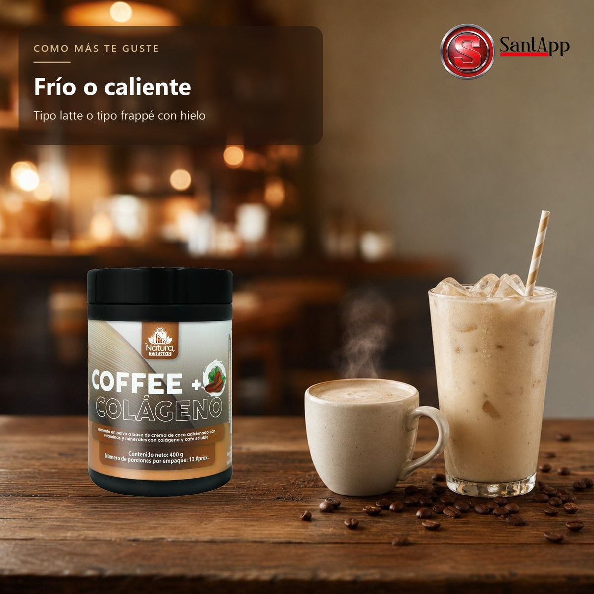 Café con colágeno frío o caliente, tipo latte o frappé
