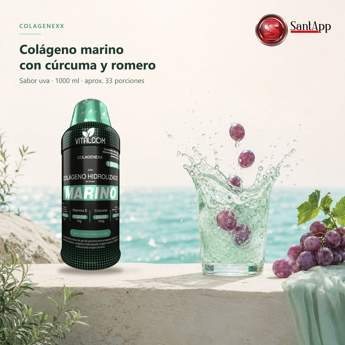 Colágeno marino líquido con cúrcuma y romero, sabor uva