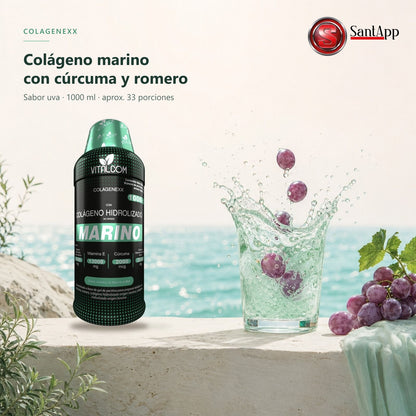 Colágeno marino líquido con cúrcuma y romero, sabor uva