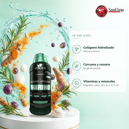 Ingredientes del colágeno marino Colagenexx: colágeno marino y bovino, cúrcuma, romero, vitaminas y minerales