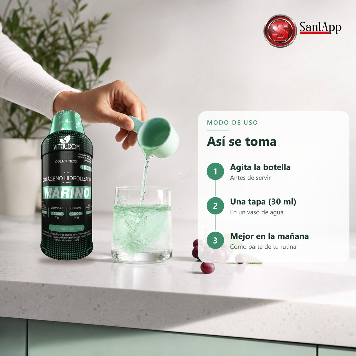 Cómo tomar colágeno marino líquido: una tapa en un vaso de agua