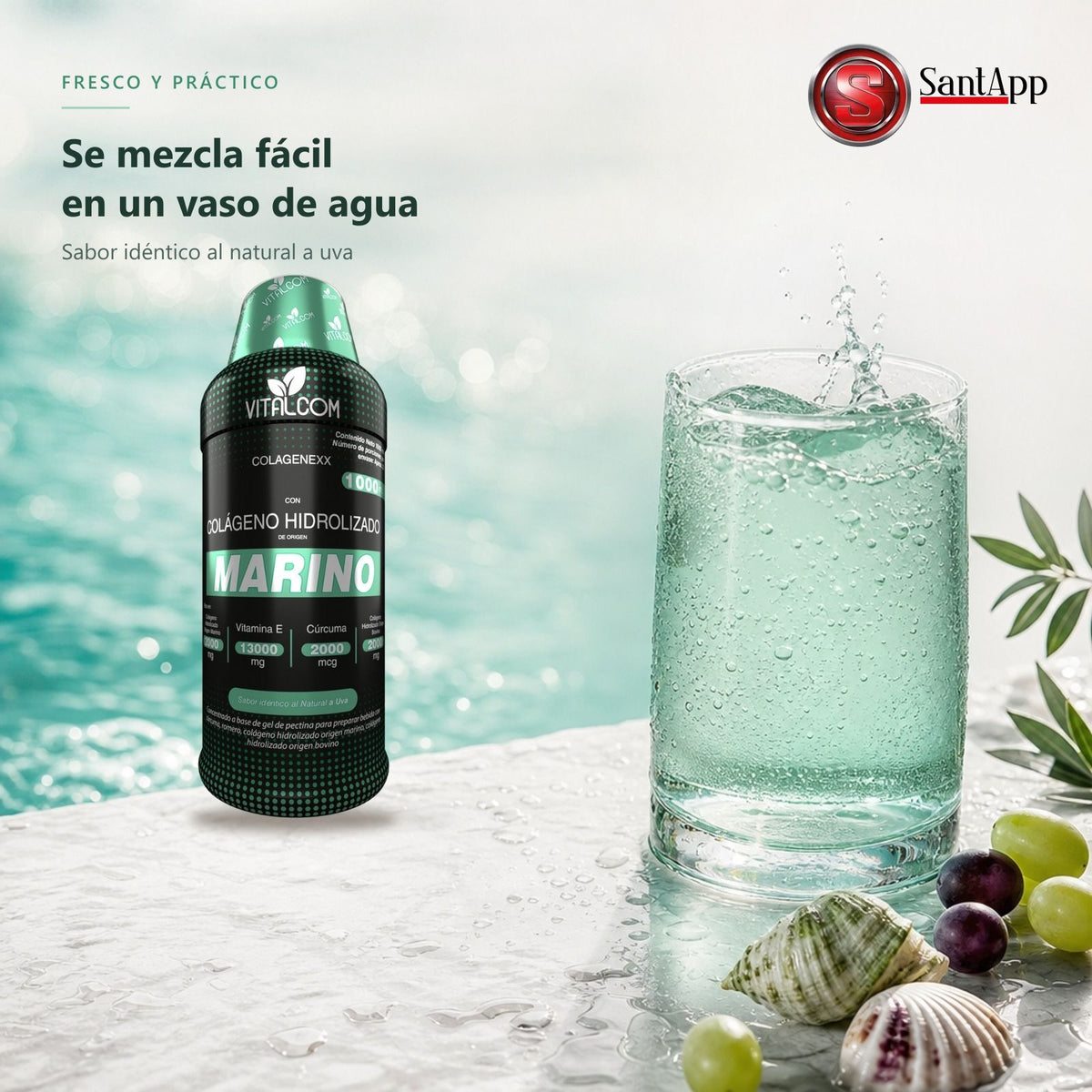 Colágeno líquido que se mezcla fácil en un vaso de agua