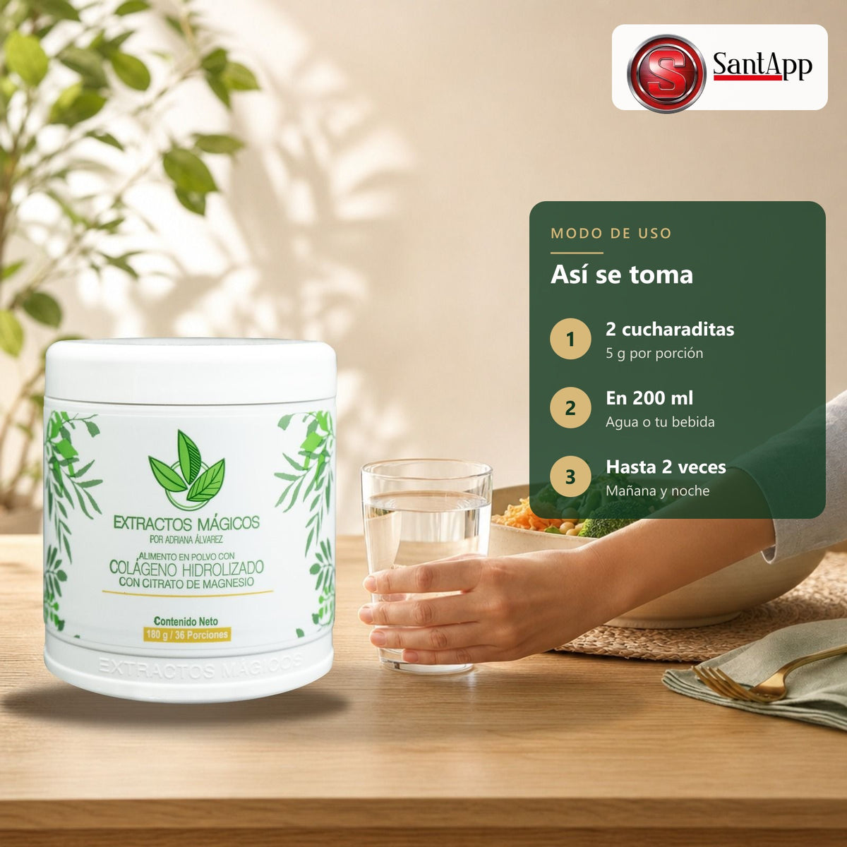 Cómo tomar el colágeno: 2 cucharaditas en 200 ml