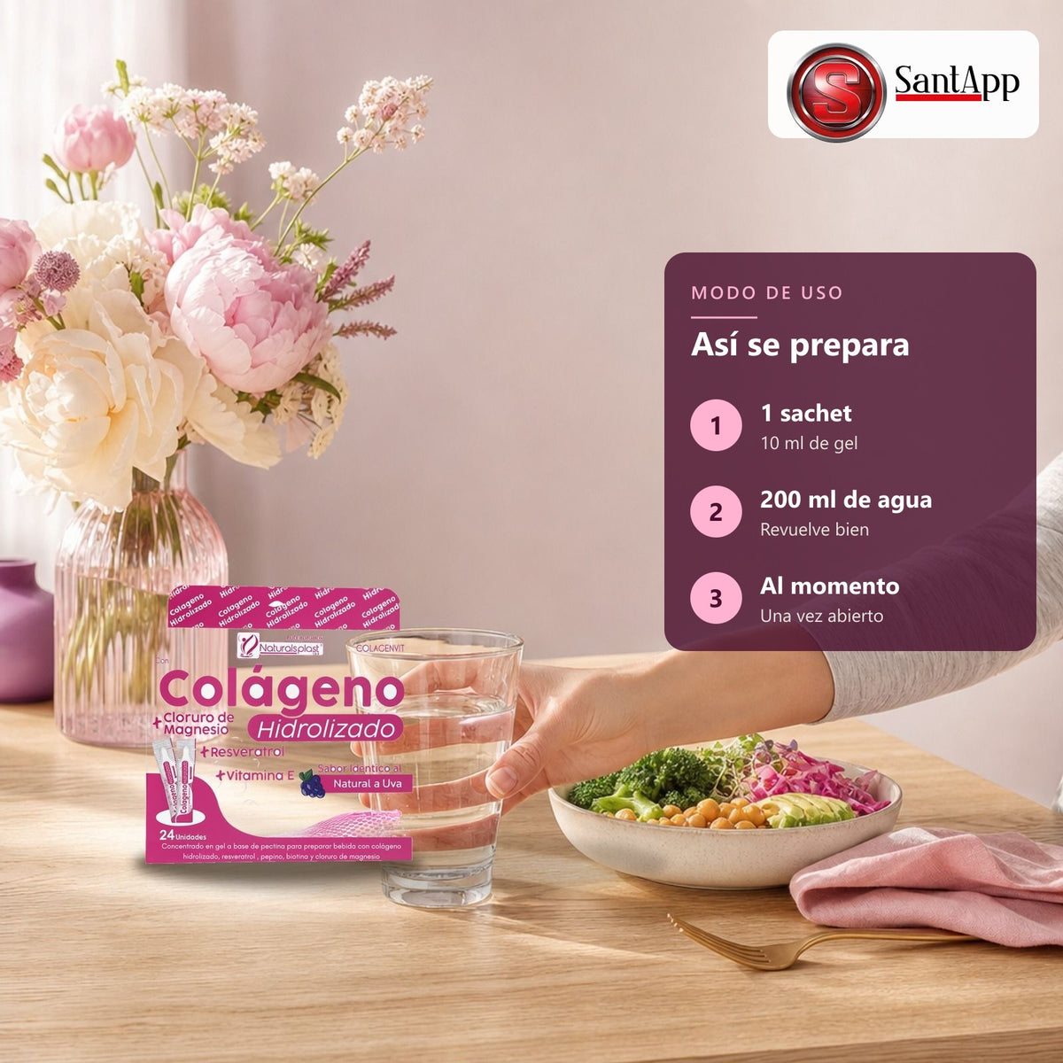 Cómo tomar Colagenvit: 1 sachet en un vaso de agua