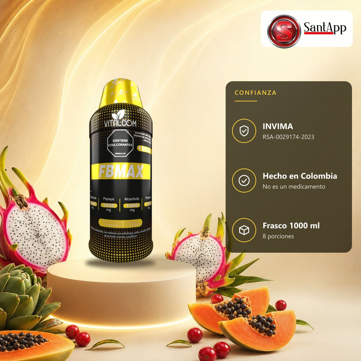 FBMAX con registro INVIMA RSA-0029174-2023, hecho en Colombia
