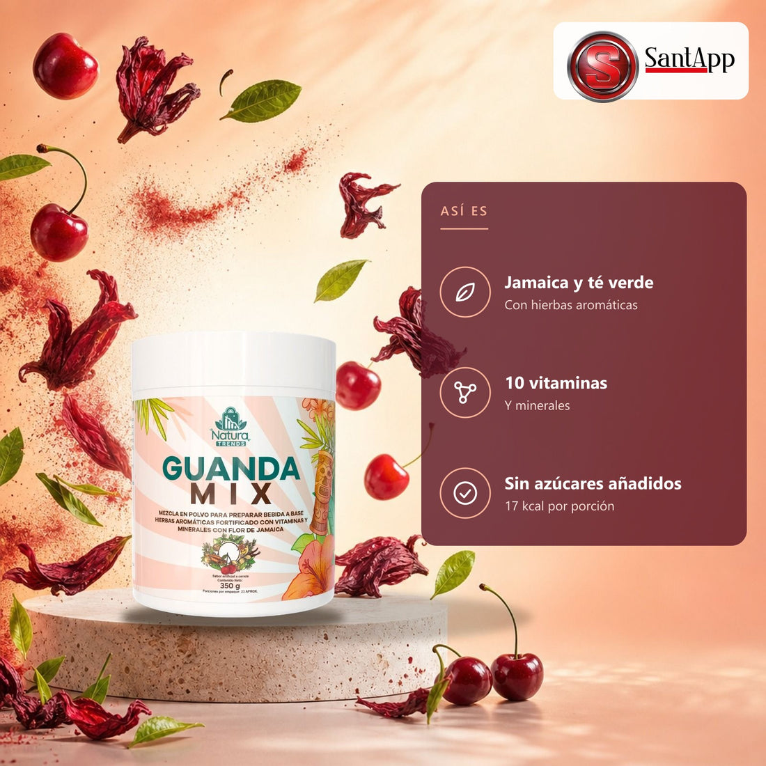Guanda Mix: flor de Jamaica, té verde, 10 vitaminas y sin azúcares añadidos