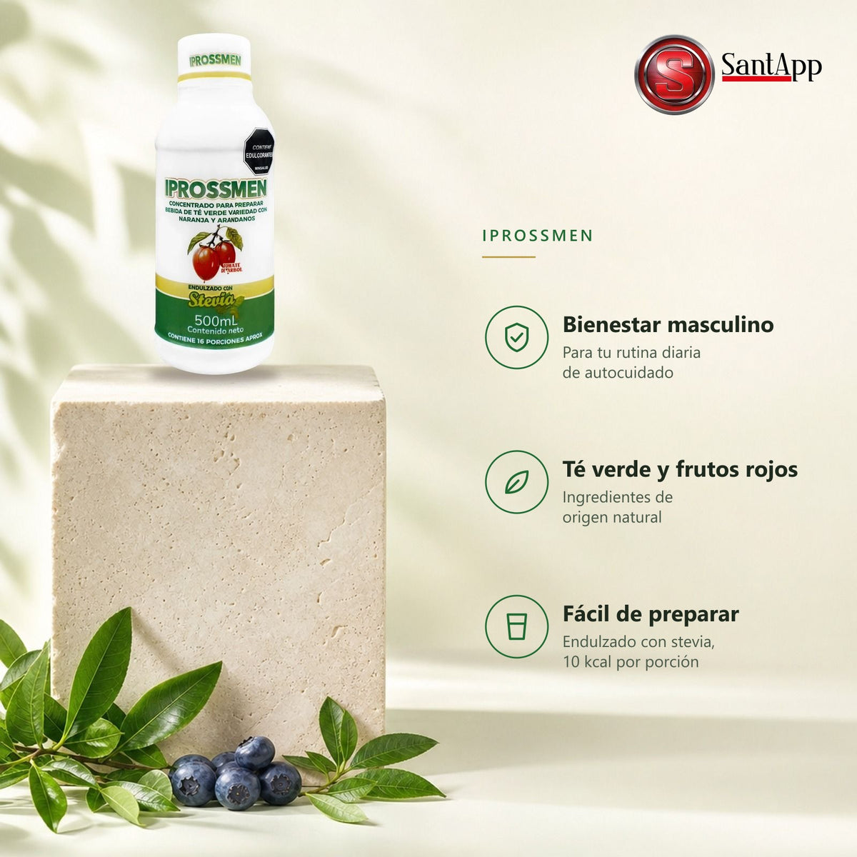 Características de Iprossmen: bienestar masculino, té verde y frutos rojos, fácil de preparar