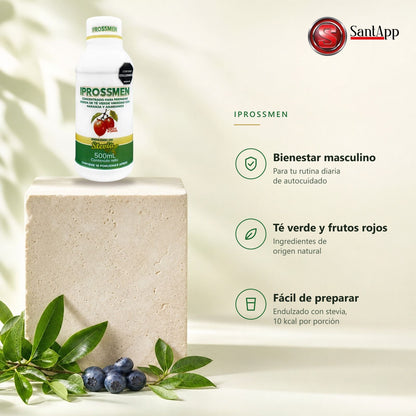 Características de Iprossmen: bienestar masculino, té verde y frutos rojos, fácil de preparar