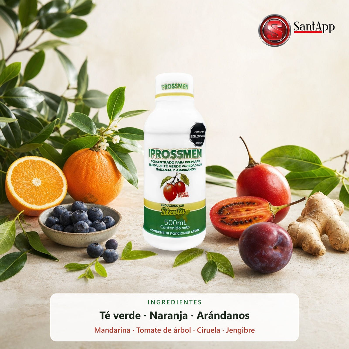 Iprossmen con té verde, naranja, arándanos, mandarina, tomate de árbol, ciruela y jengibre