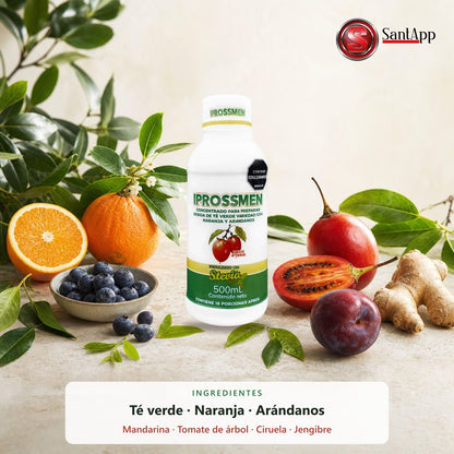 Iprossmen con té verde, naranja, arándanos, mandarina, tomate de árbol, ciruela y jengibre