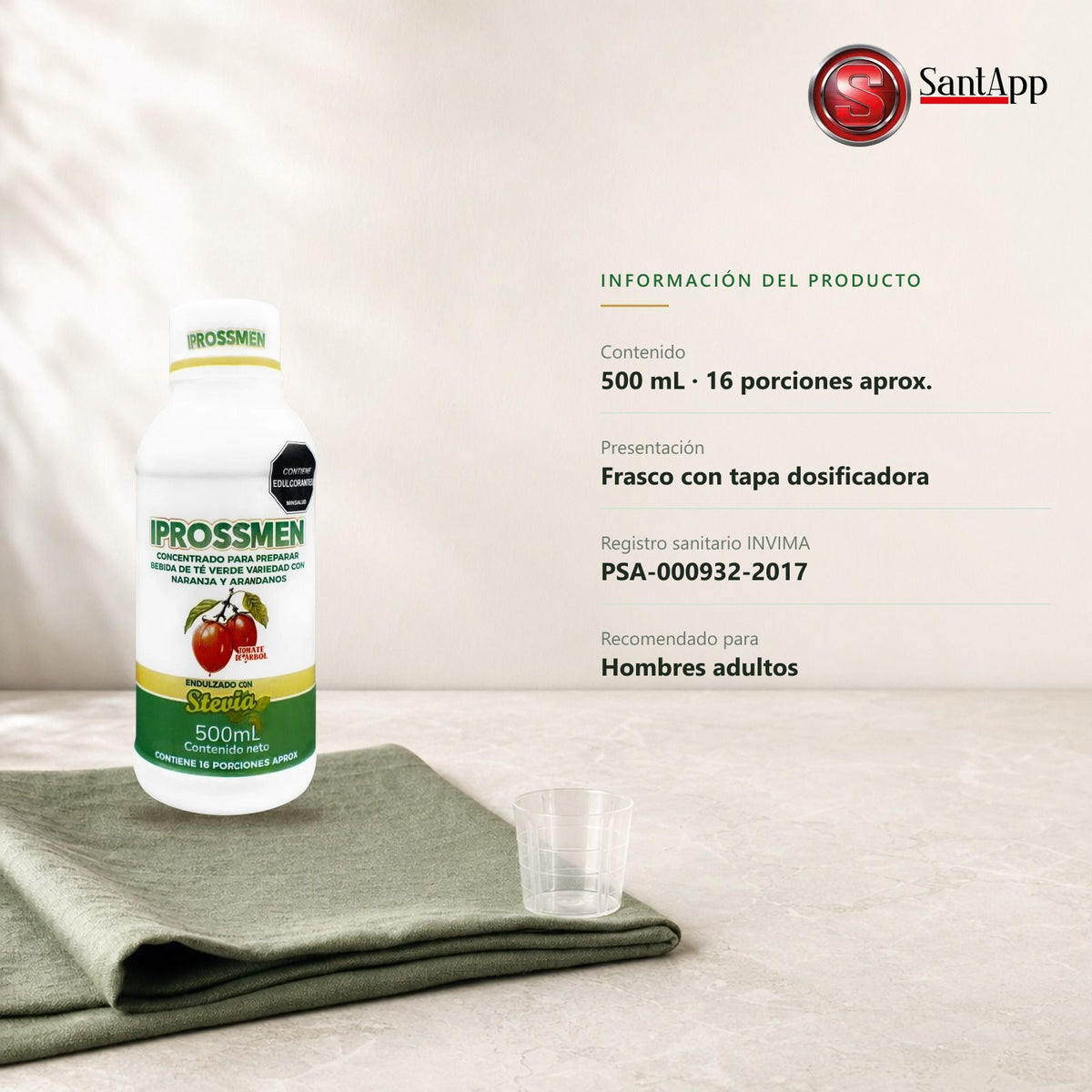 Información de Iprossmen: 500 mL, 16 porciones aprox., registro sanitario INVIMA PSA-000932-2017