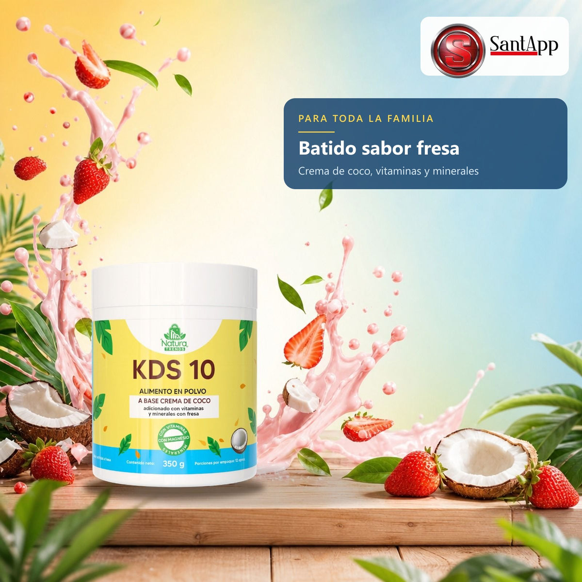 Batido sabor fresa con crema de coco, vitaminas y minerales para toda la familia