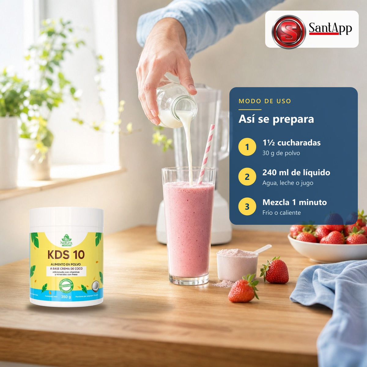 Cómo preparar KDS 10: 30 g en 240 ml de agua, leche o jugo