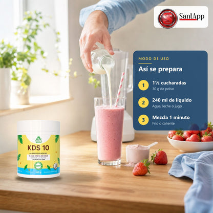 Cómo preparar KDS 10: 30 g en 240 ml de agua, leche o jugo