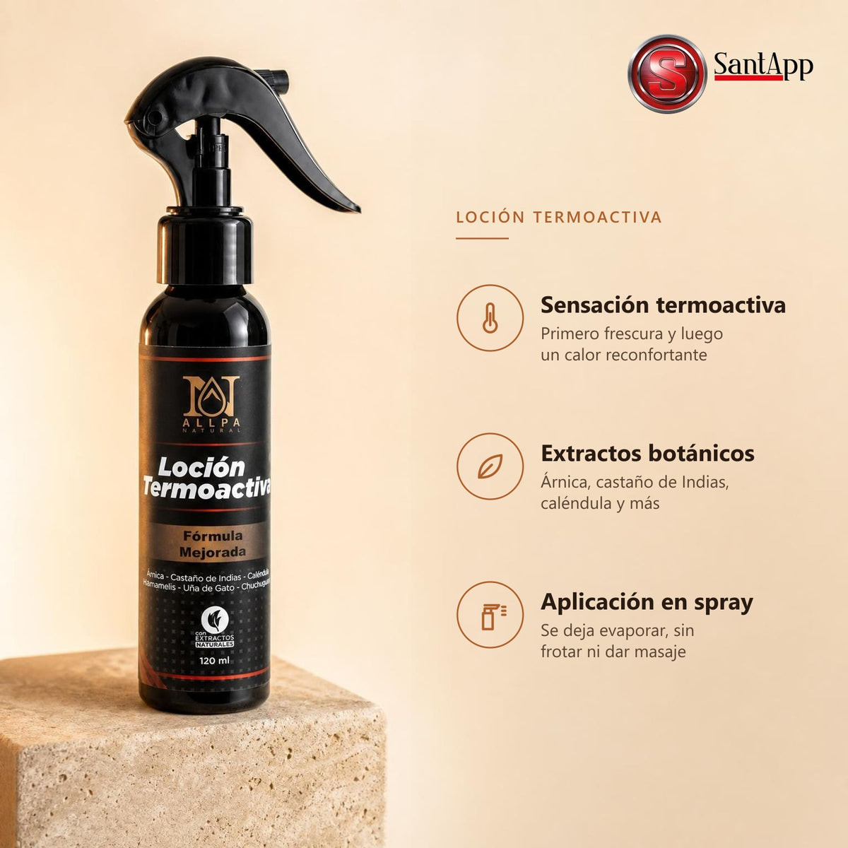 Características de la Loción Termoactiva: sensación termoactiva, extractos botánicos y aplicación en spray