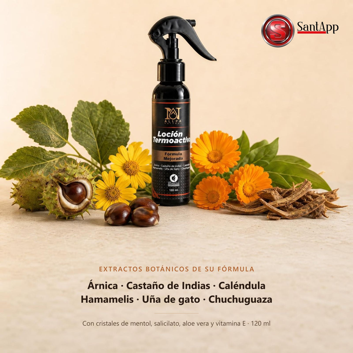 Loción Termoactiva con árnica, castaño de Indias, caléndula, hamamelis, uña de gato y chuchuguaza