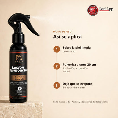 Modo de uso de la Loción Termoactiva: 1 pulsación, hasta 4 veces al día