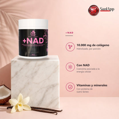 Características de +NAD: 10.000 mg de colágeno hidrolizado, NAD, vitaminas y minerales