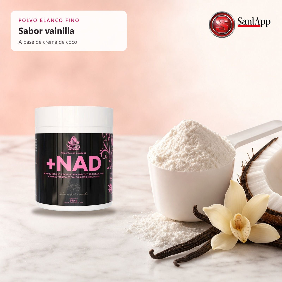 Polvo blanco fino de +NAD sabor vainilla