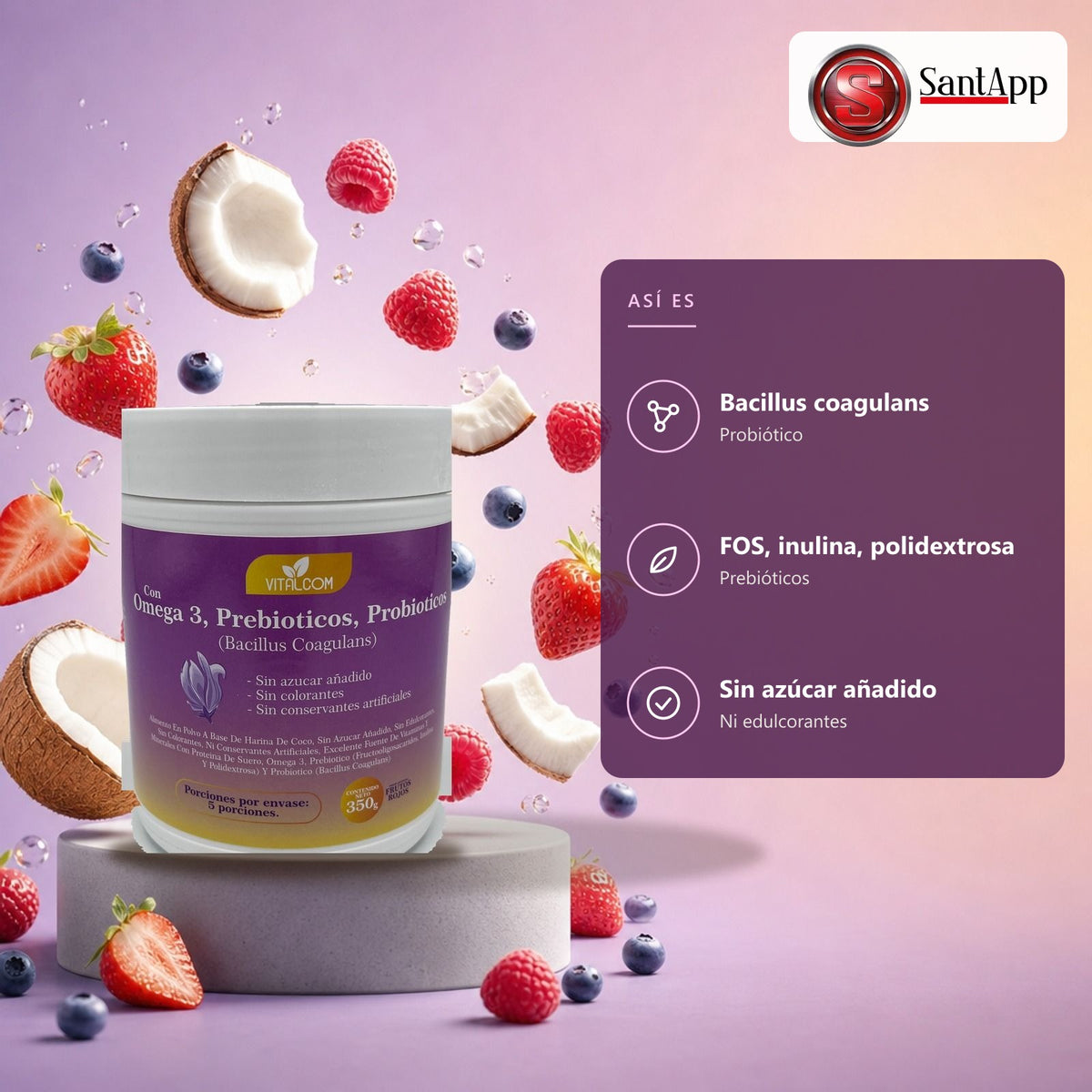 Bacillus coagulans, inulina, FOS, proteína de suero y omega 3