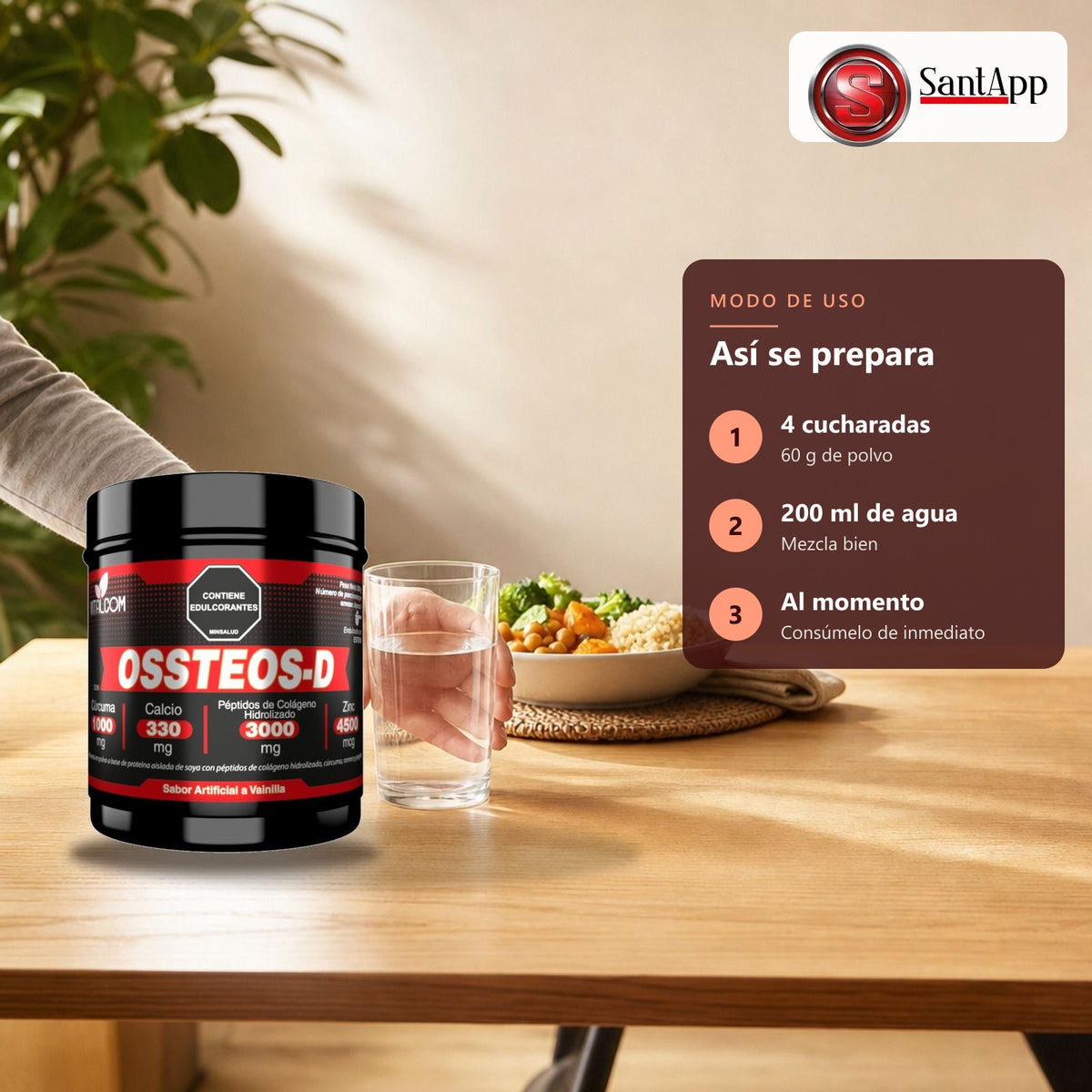 Cómo preparar Ossteos-D: 4 cucharadas en 200 ml de agua