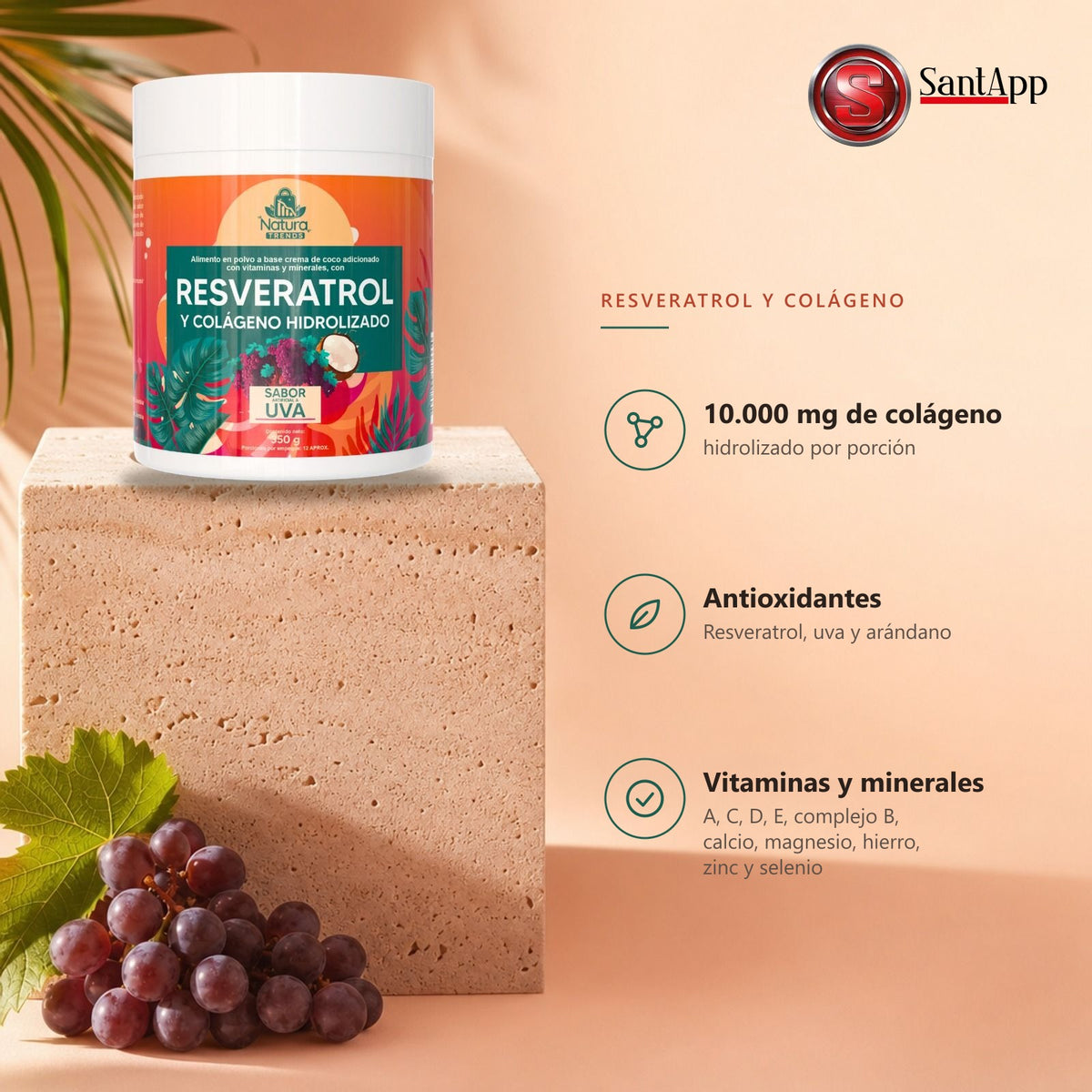 Características: 10.000 mg de colágeno hidrolizado por porción, antioxidantes, vitaminas y minerales