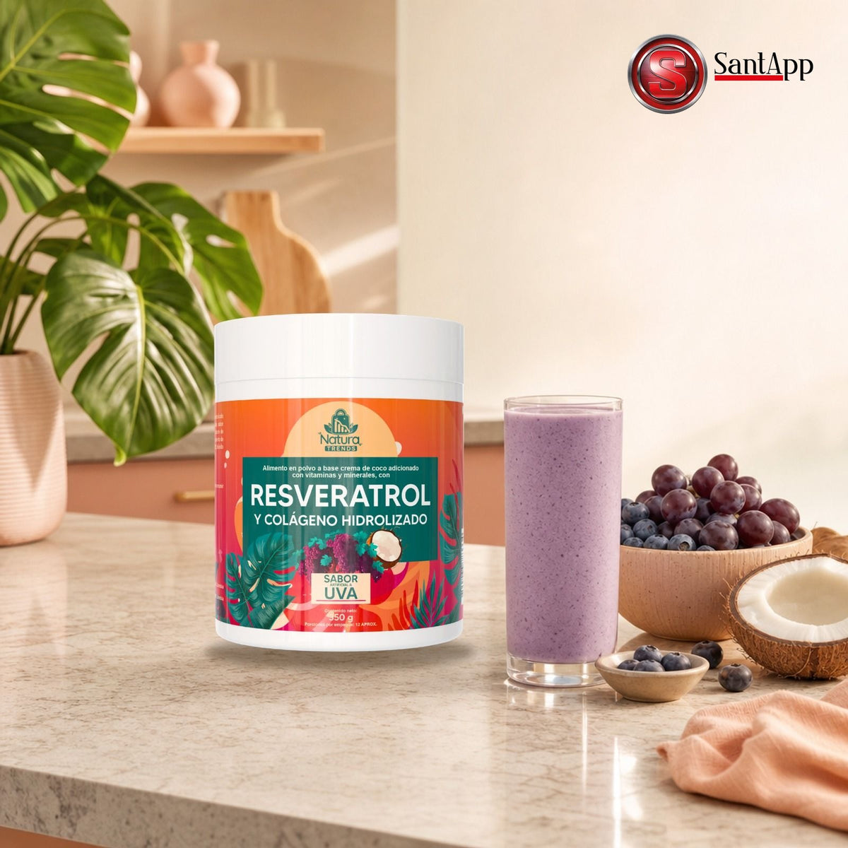 Resveratrol y colágeno en la cocina junto a una bebida preparada