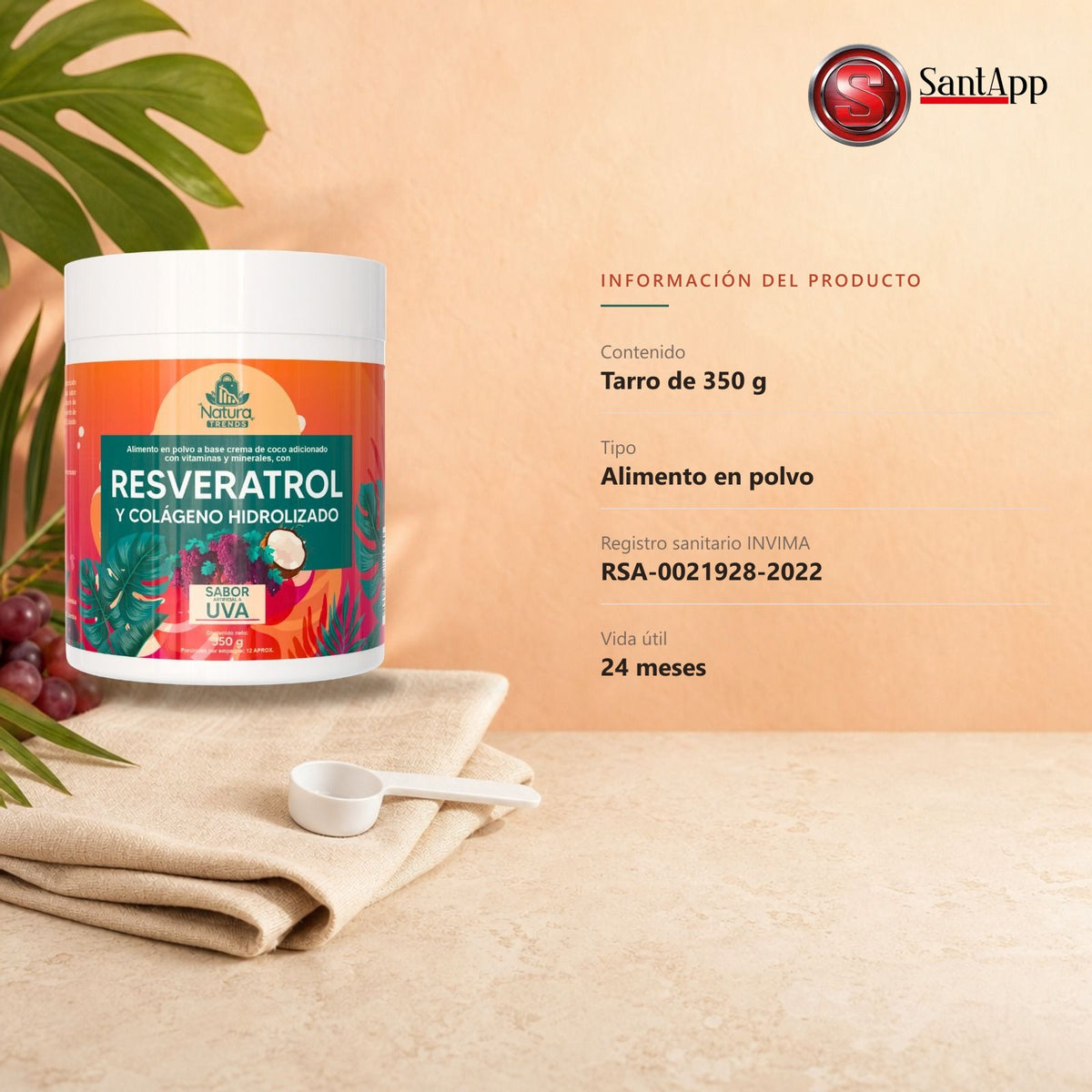 Información: tarro de 350 g, registro sanitario INVIMA RSA-0021928-2022