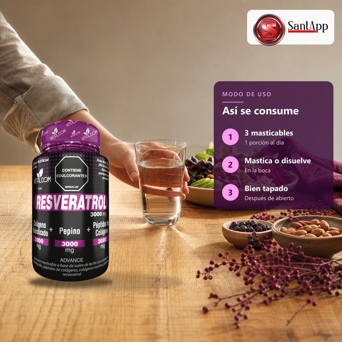 Cómo consumir Resveratrol GINS: 3 masticables al día
